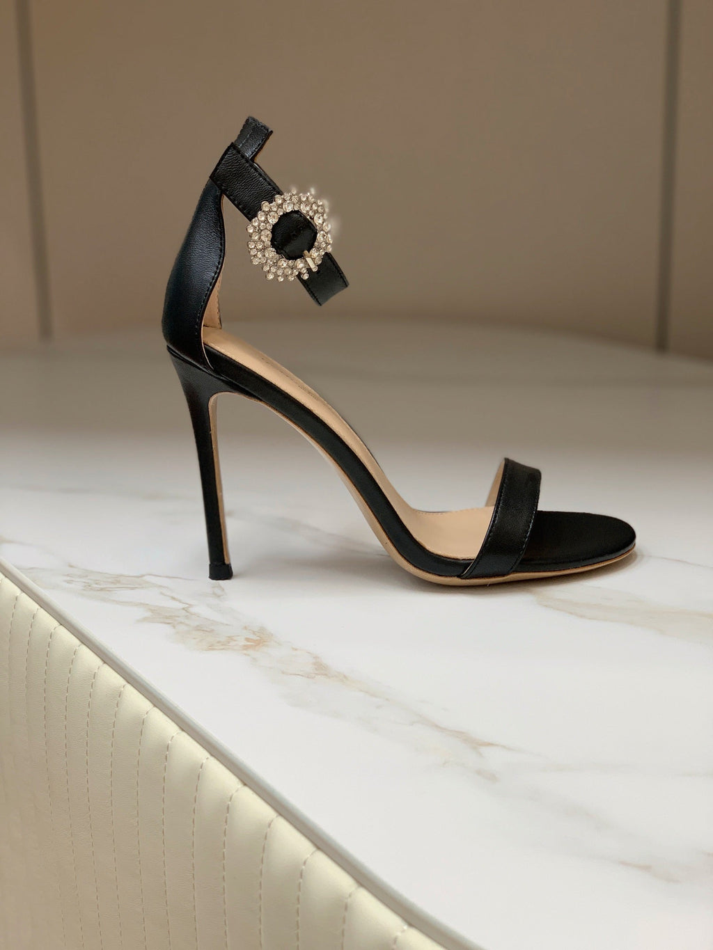 GIANVITO ROSSI 26S HIGH HEEL SANDALS 105 MM IN BLACK LAMBSKIN WITH CRYSTAL BUCKLE