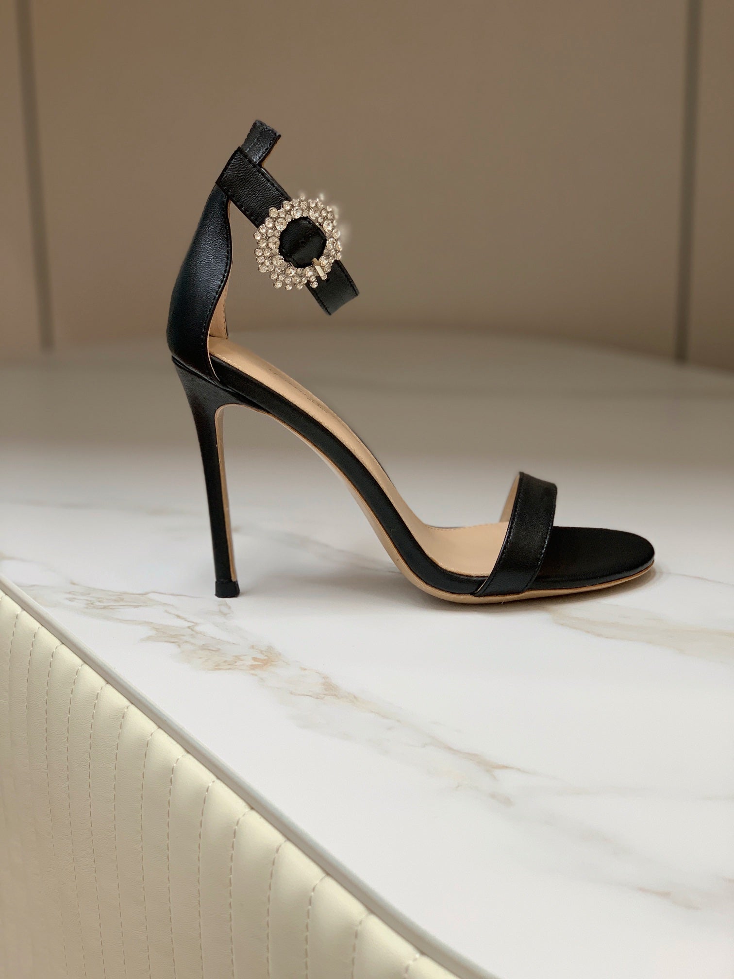 GIANVITO ROSSI 26S HIGH HEEL SANDALS 105 MM IN BLACK LAMBSKIN WITH CRYSTAL BUCKLE
