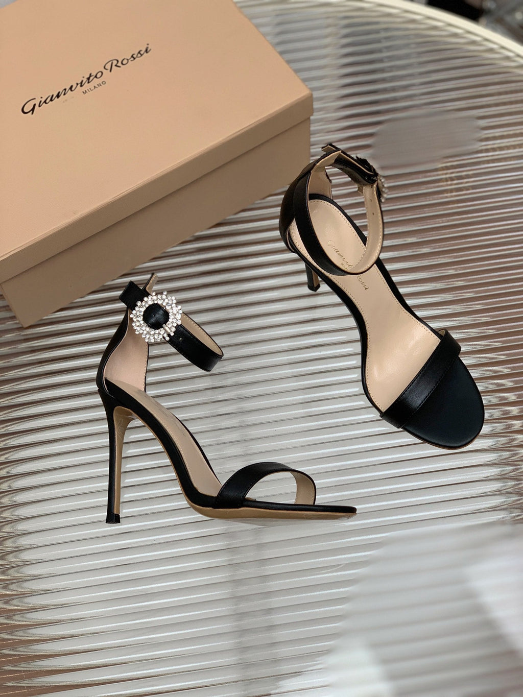 GIANVITO ROSSI 26S HIGH HEEL SANDALS 105 MM IN BLACK LAMBSKIN WITH CRYSTAL BUCKLE