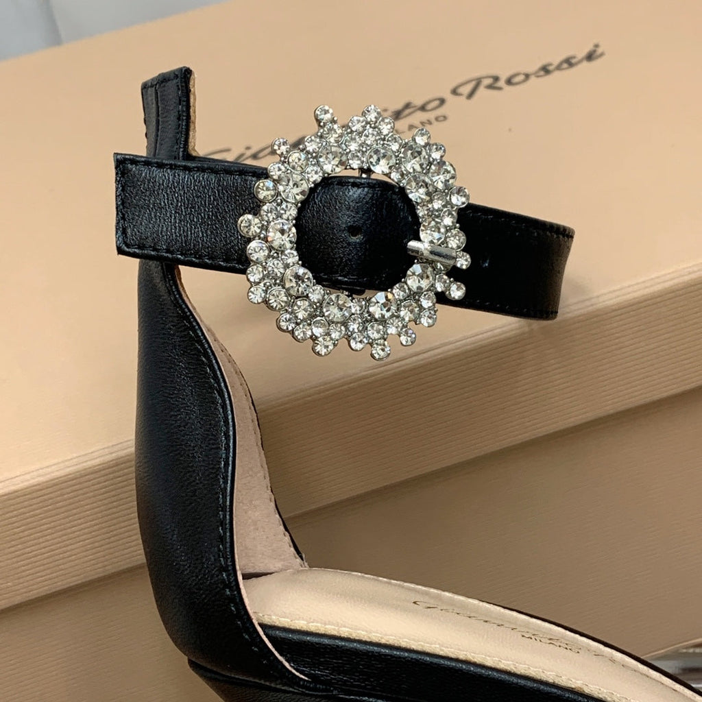 GIANVITO ROSSI 26S HIGH HEEL SANDALS 105 MM IN BLACK LAMBSKIN WITH CRYSTAL BUCKLE