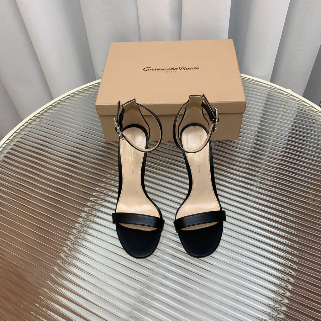 GIANVITO ROSSI 26S HIGH HEEL SANDALS 105 MM IN BLACK LAMBSKIN WITH CRYSTAL BUCKLE