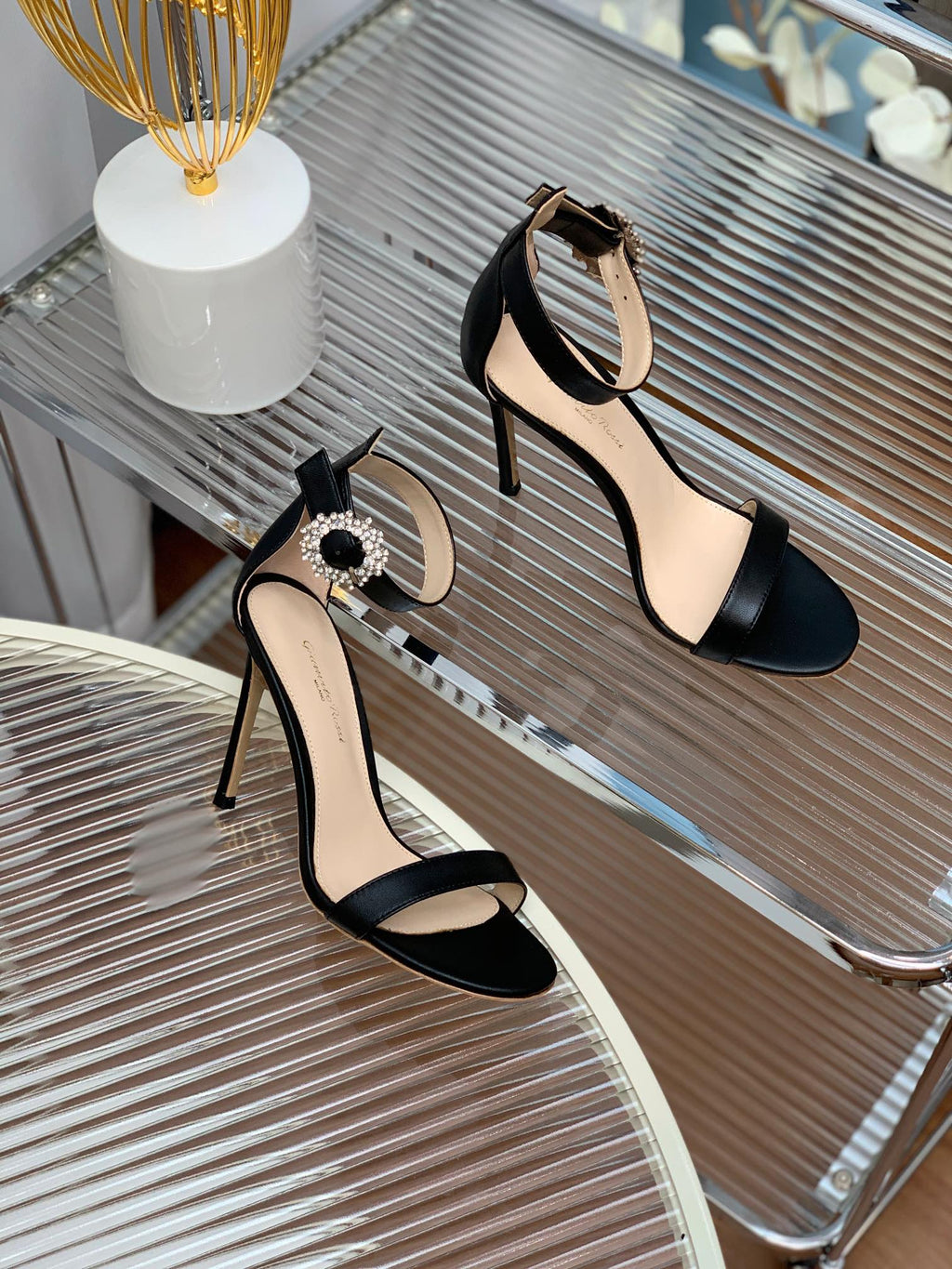 GIANVITO ROSSI 26S HIGH HEEL SANDALS 105 MM IN BLACK LAMBSKIN WITH CRYSTAL BUCKLE