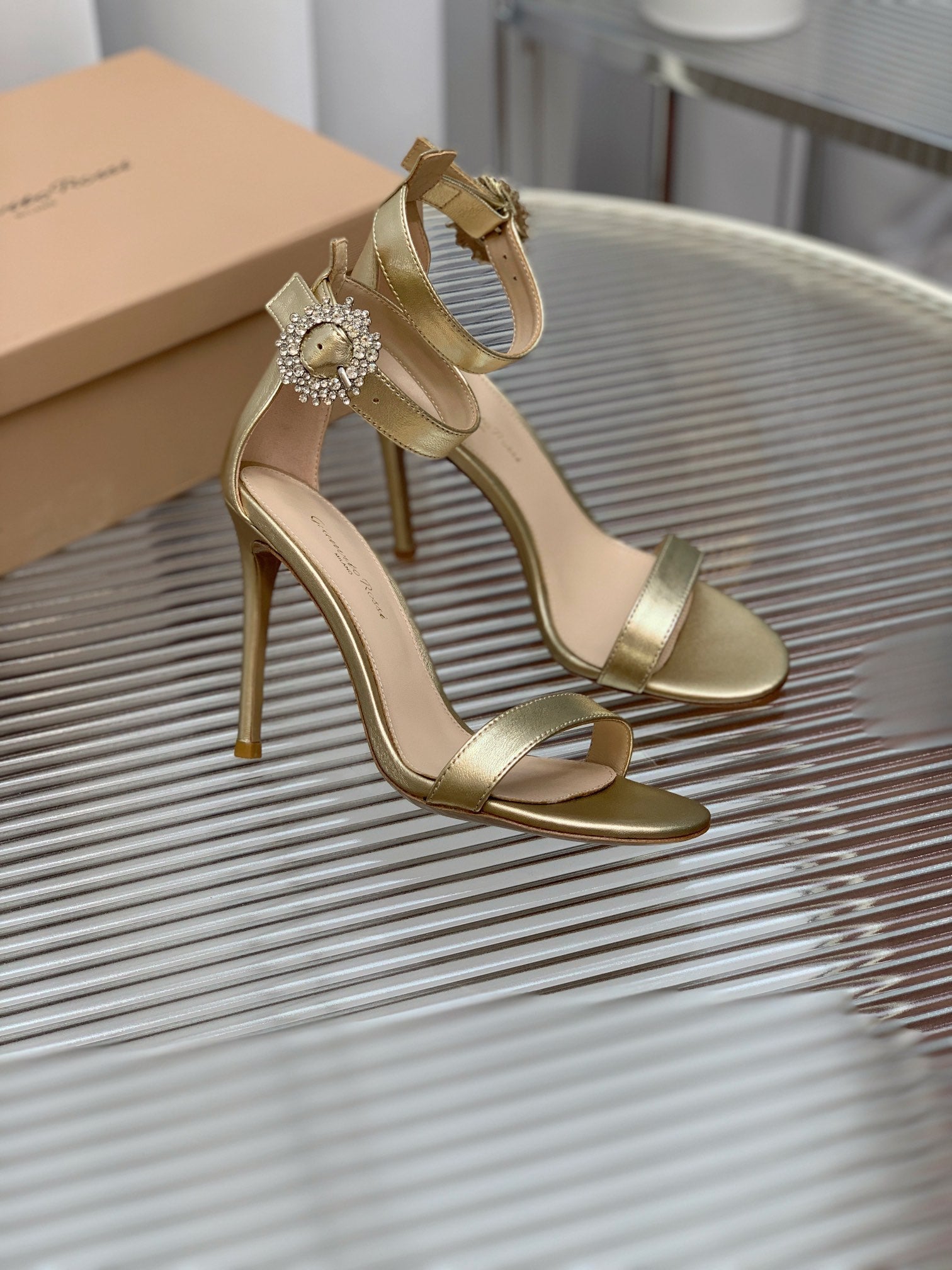 GIANVITO ROSSI 26S HIGH HEEL SANDALS 105 MM IN METALLIC GOLD LAMBSKIN WITH CRYSTAL BUCKLE