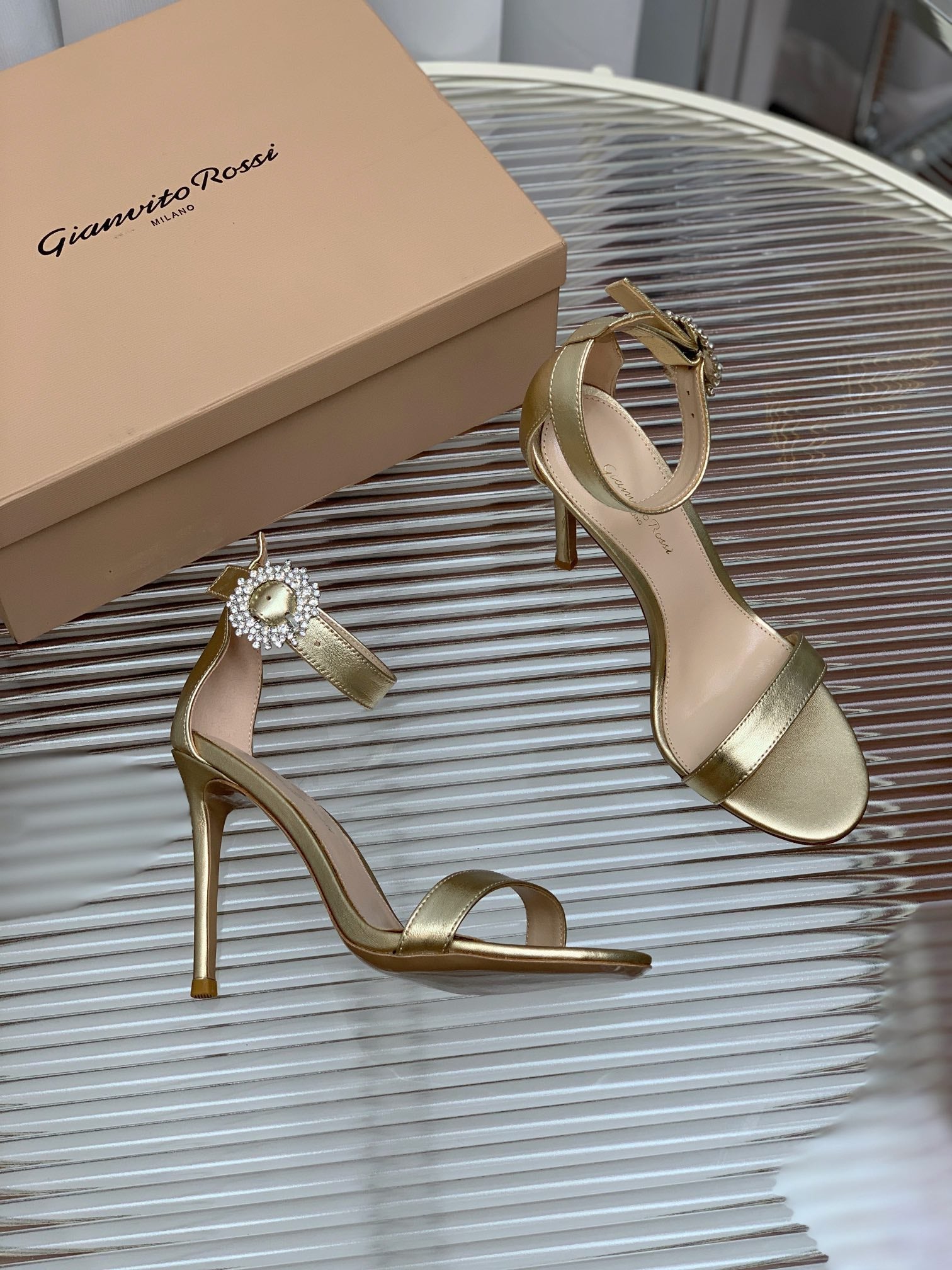GIANVITO ROSSI 26S HIGH HEEL SANDALS 105 MM IN METALLIC GOLD LAMBSKIN WITH CRYSTAL BUCKLE