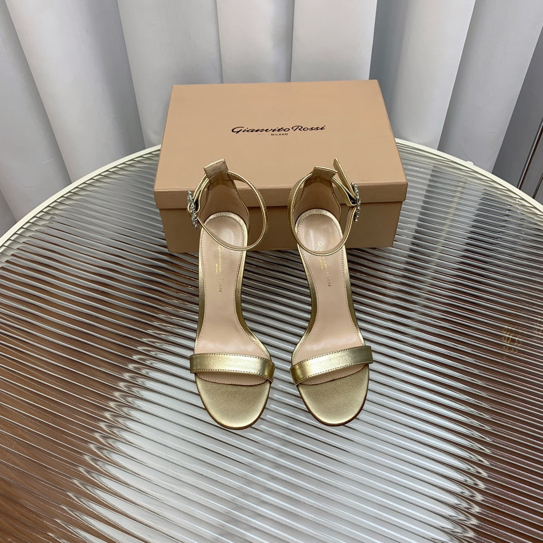 GIANVITO ROSSI 26S HIGH HEEL SANDALS 105 MM IN METALLIC GOLD LAMBSKIN WITH CRYSTAL BUCKLE