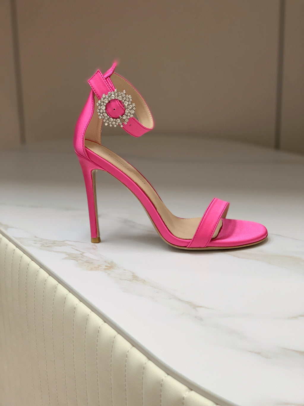 GIANVITO ROSSI 26S HIGH HEEL SANDALS 105 MM IN DARK PINK FABRIC WITH CRYSTAL BUCKLE
