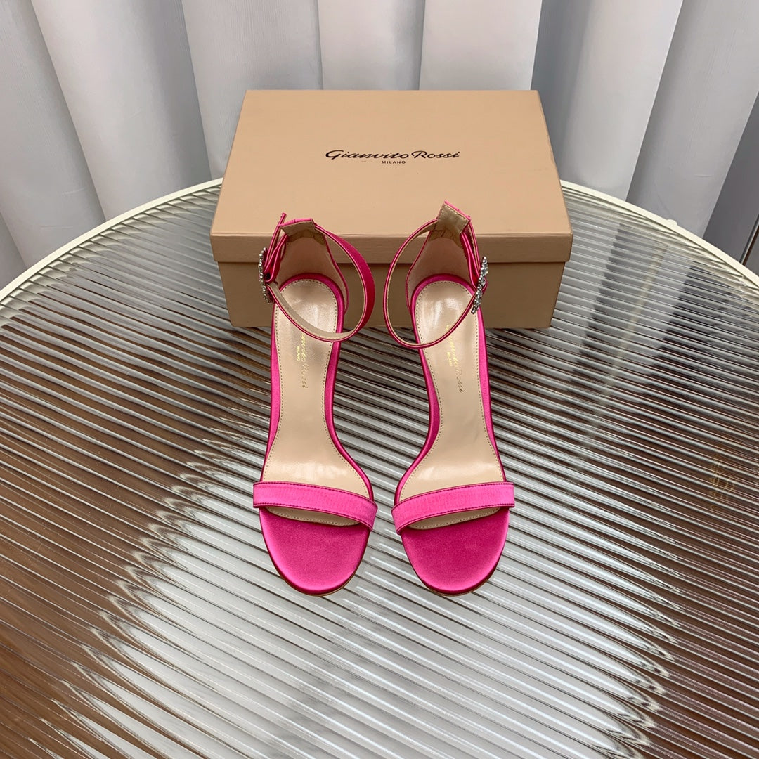 GIANVITO ROSSI 26S HIGH HEEL SANDALS 105 MM IN DARK PINK FABRIC WITH CRYSTAL BUCKLE