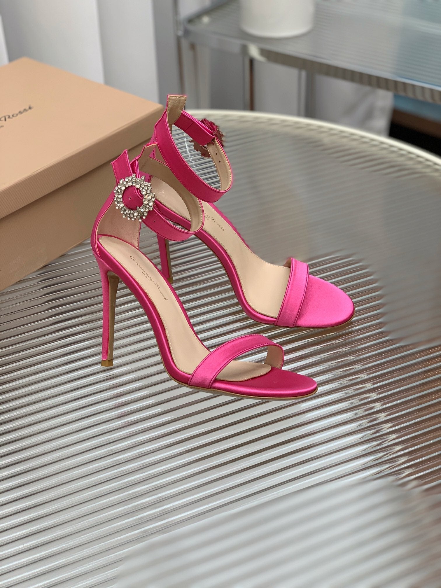 GIANVITO ROSSI 26S HIGH HEEL SANDALS 105 MM IN DARK PINK FABRIC WITH CRYSTAL BUCKLE