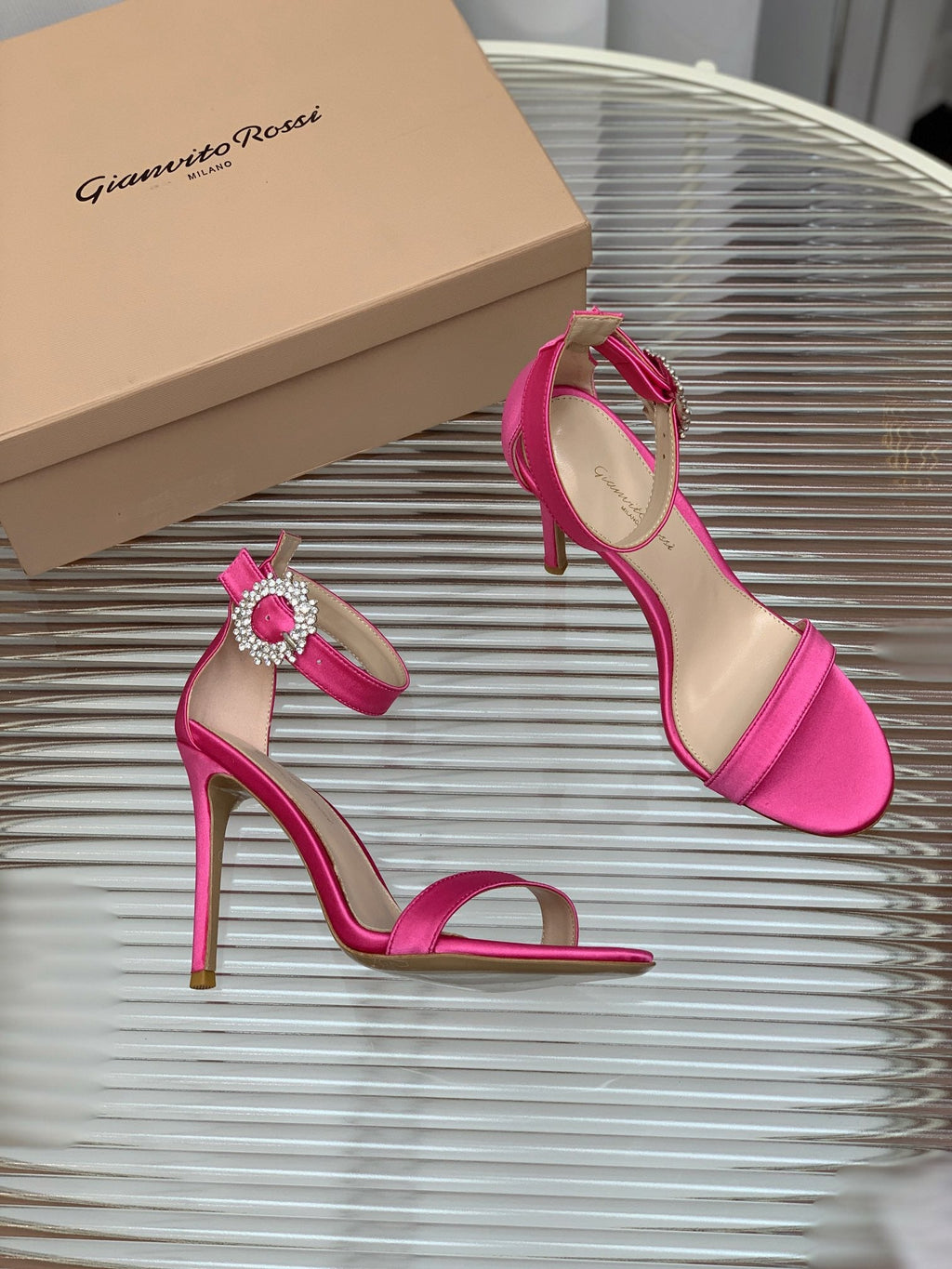 GIANVITO ROSSI 26S HIGH HEEL SANDALS 105 MM IN DARK PINK FABRIC WITH CRYSTAL BUCKLE