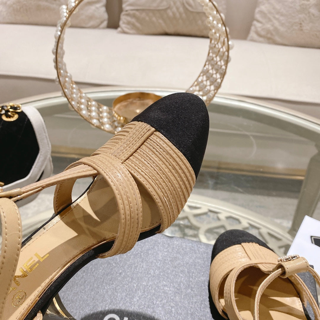 Double C  Heeled Sandals Tan Cream Lambskin
