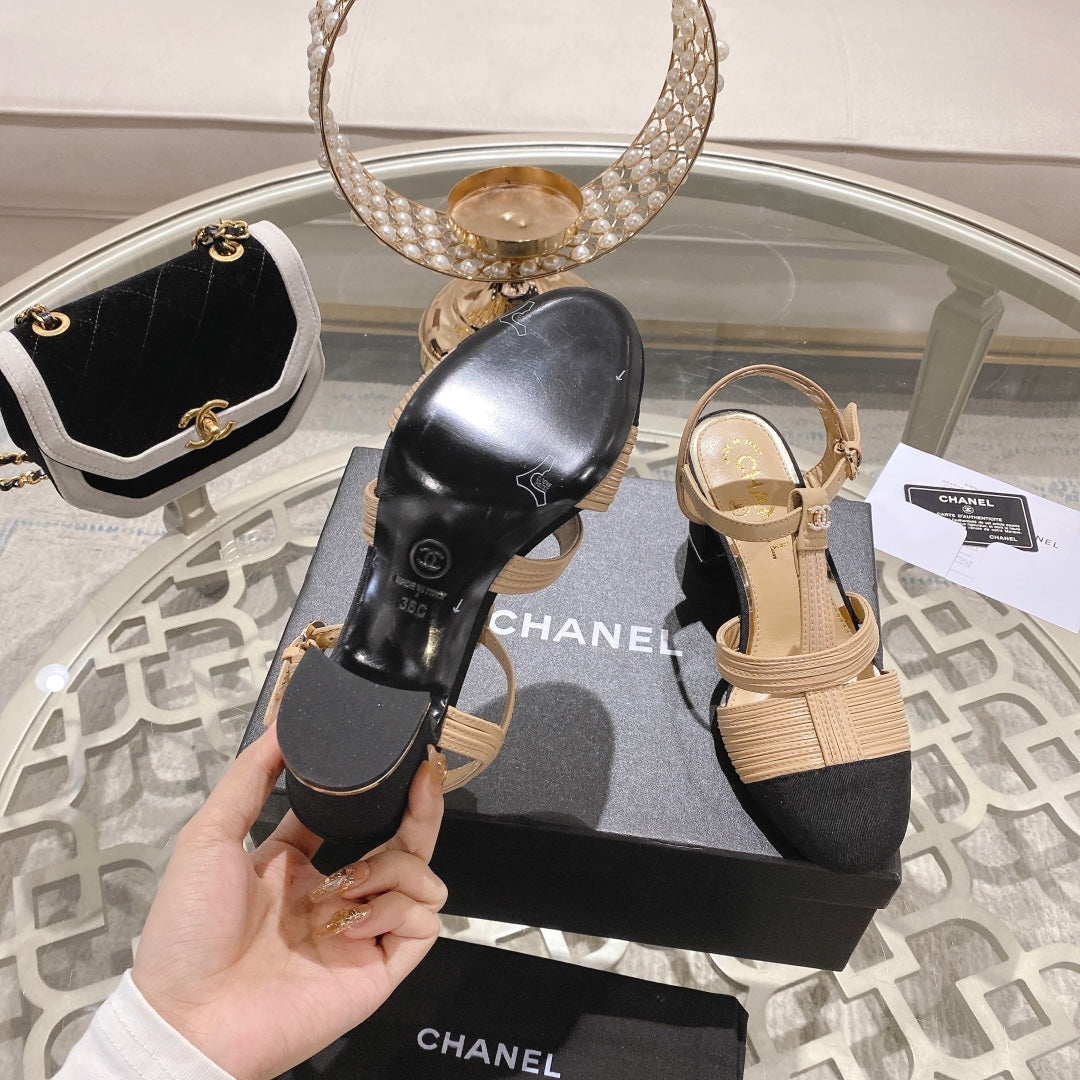 Double C  Heeled Sandals Tan Cream Lambskin