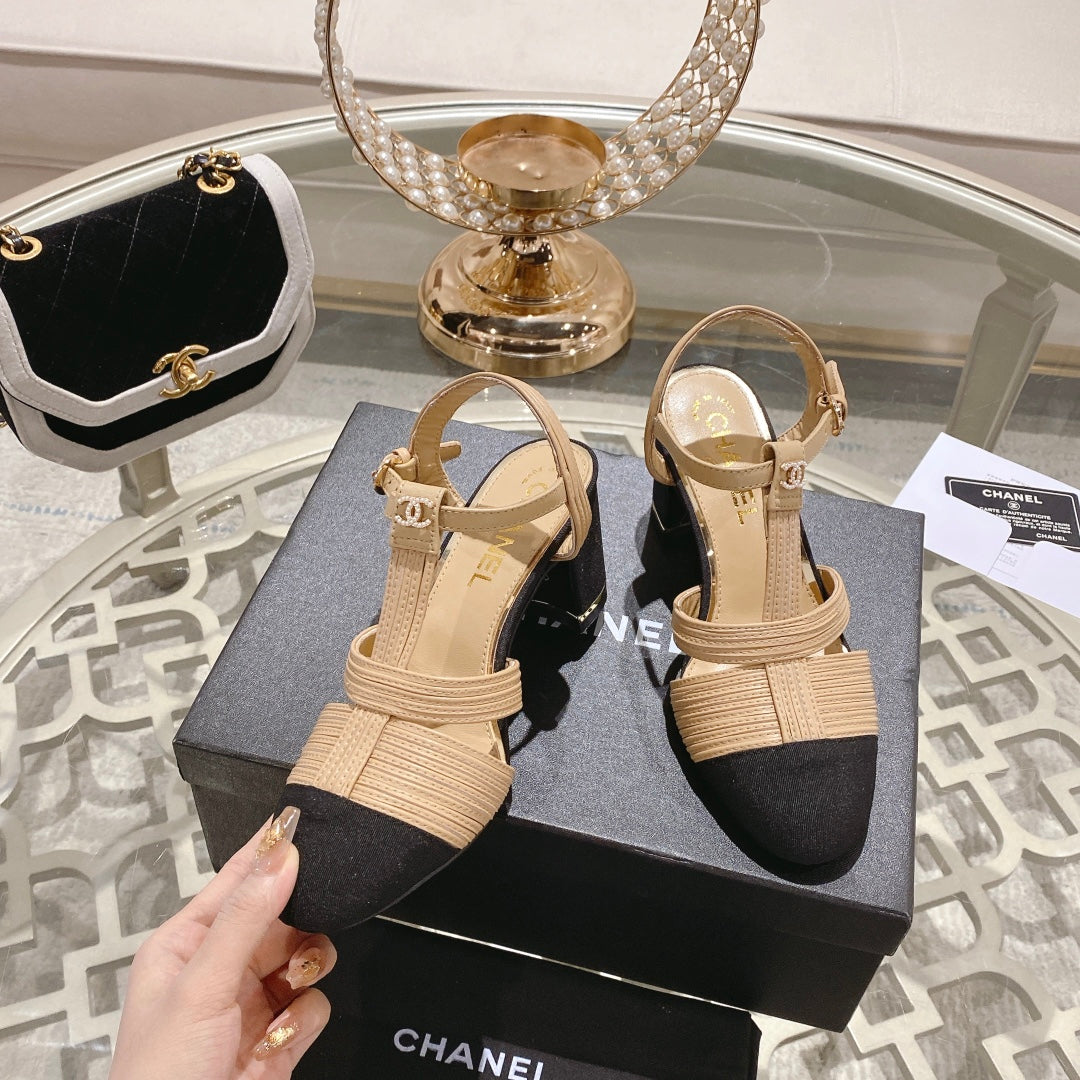 Double C  Heeled Sandals Tan Cream Lambskin