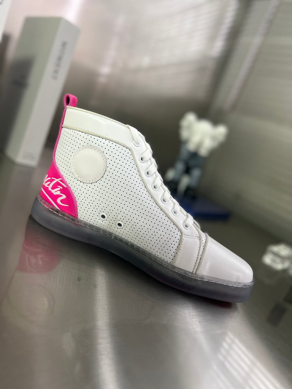 FUN LOUIS HIGH-TOP FLAT SNEAKERS IN WHITE MIX PINK CALFSKIN
