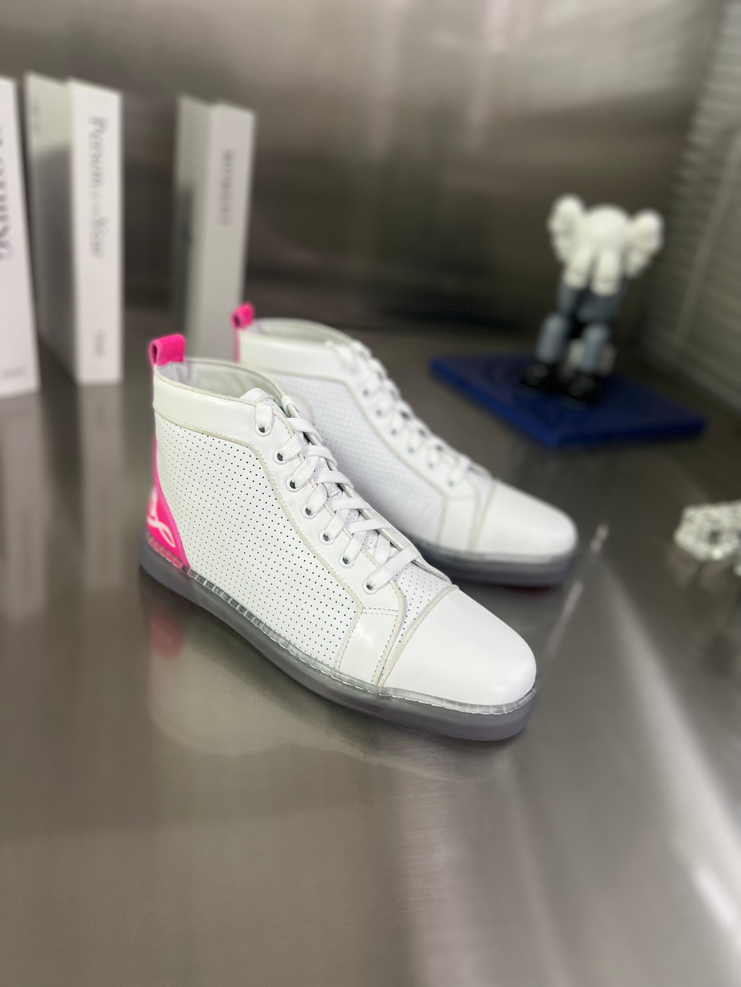 FUN LOUIS HIGH-TOP FLAT SNEAKERS IN WHITE MIX PINK CALFSKIN