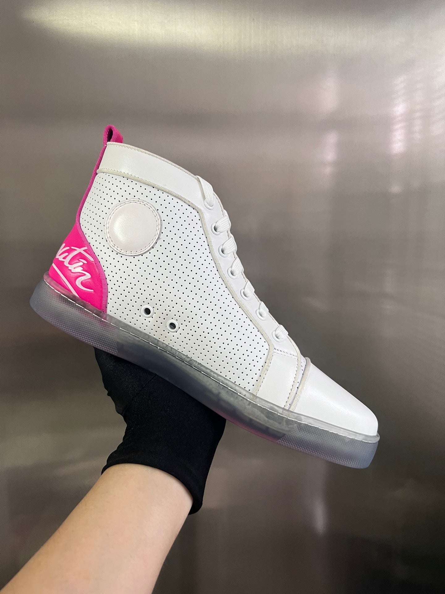 FUN LOUIS HIGH-TOP FLAT SNEAKERS IN WHITE MIX PINK CALFSKIN
