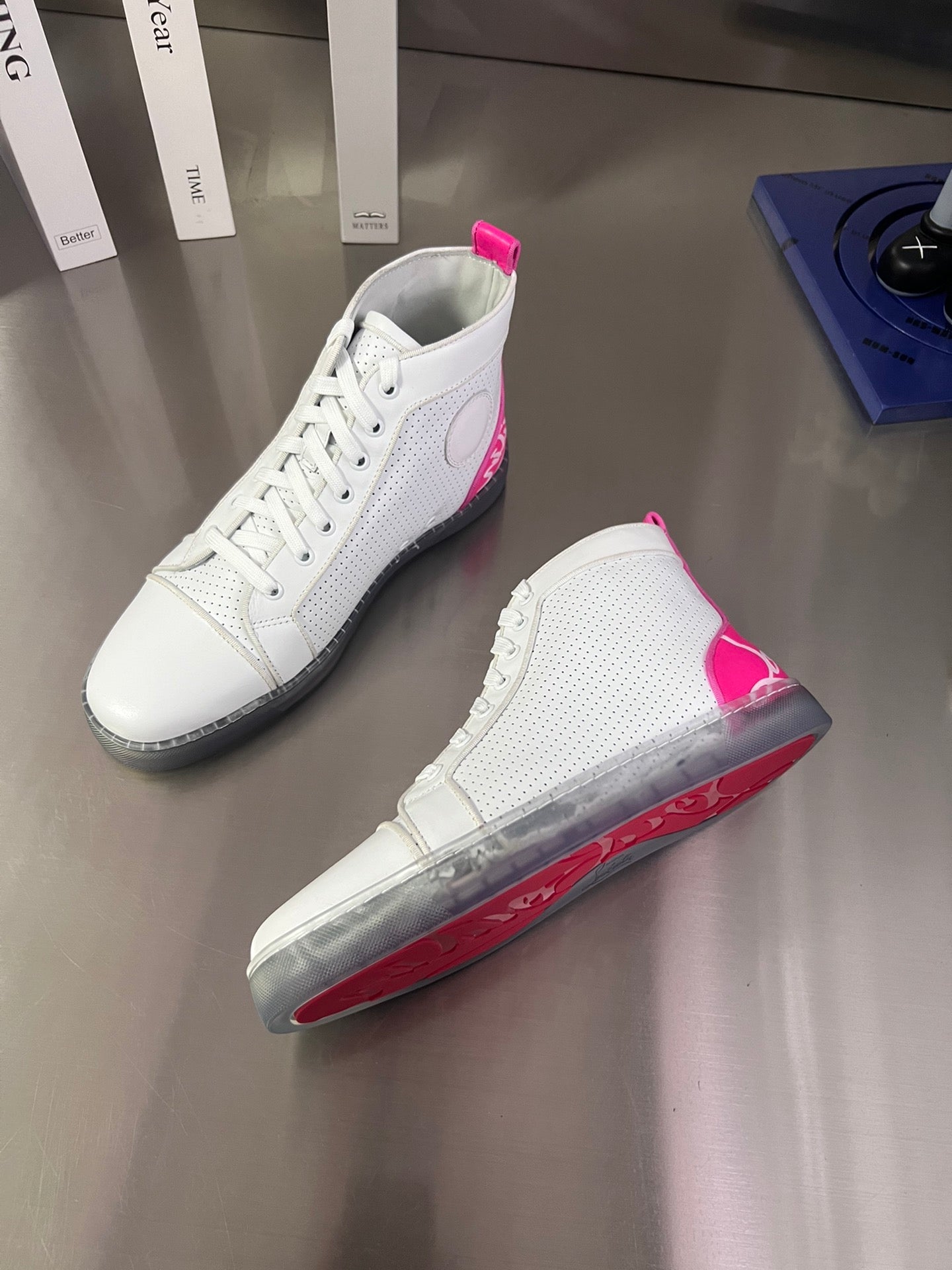 FUN LOUIS HIGH-TOP FLAT SNEAKERS IN WHITE MIX PINK CALFSKIN