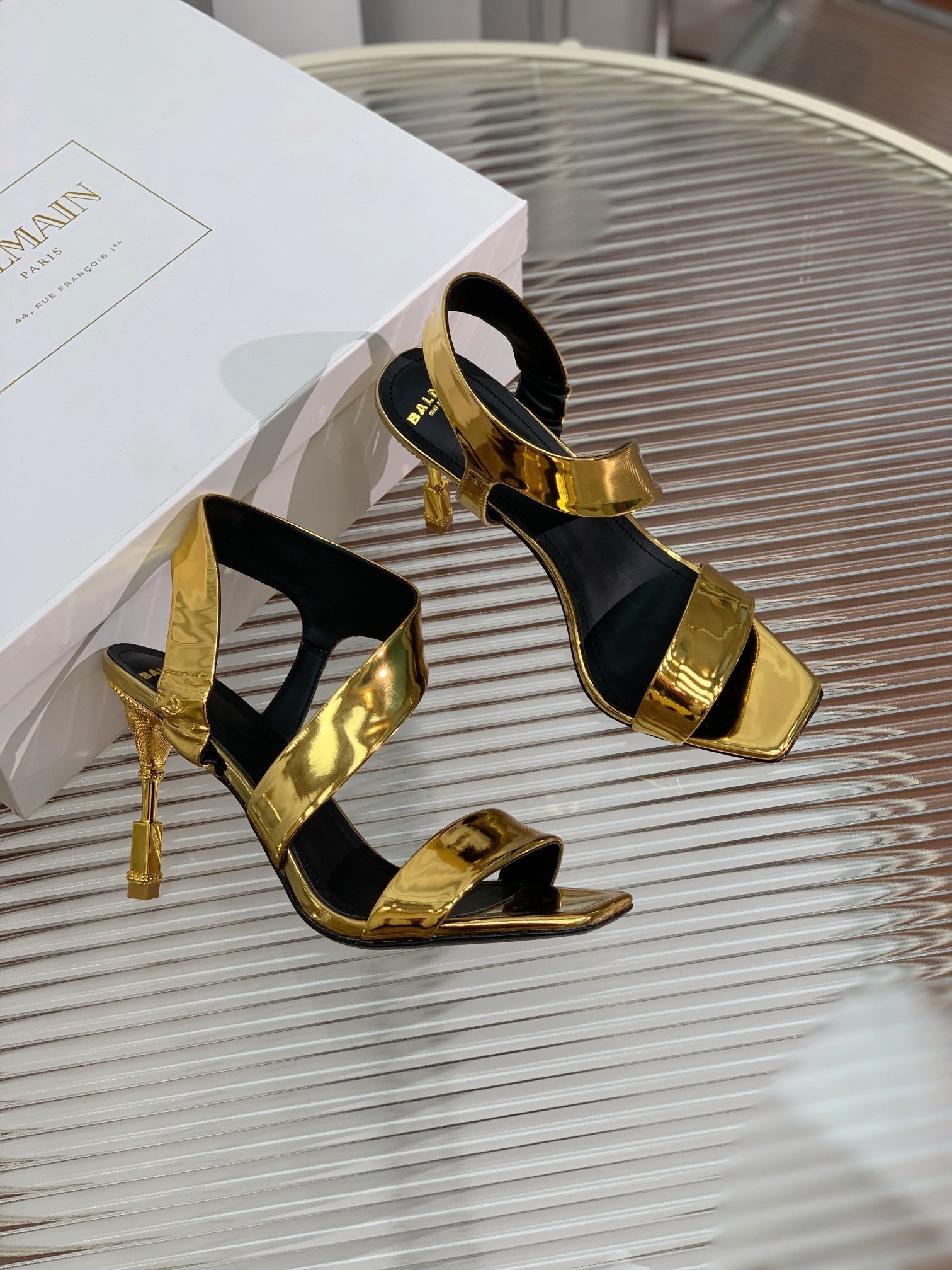 BALMAIN 25S HIGH HEEL SANDALS 95MM IN GOLD GLOSSY CALFSKIN