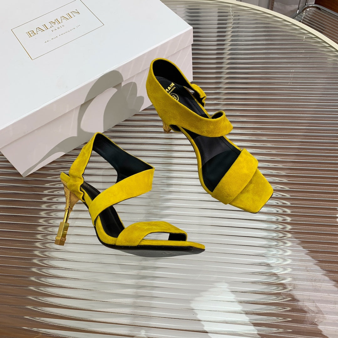 BALMAIN 25S HIGH HEEL SANDALS 95MM IN GOLDEN YELLOW SUEDE