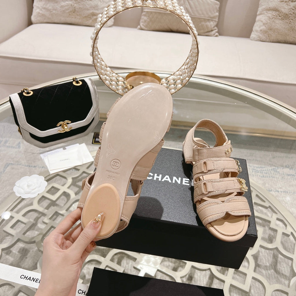 Double C  Xiaoxiang Chain Fabric Head Chunky Sandal Cream Lambskin