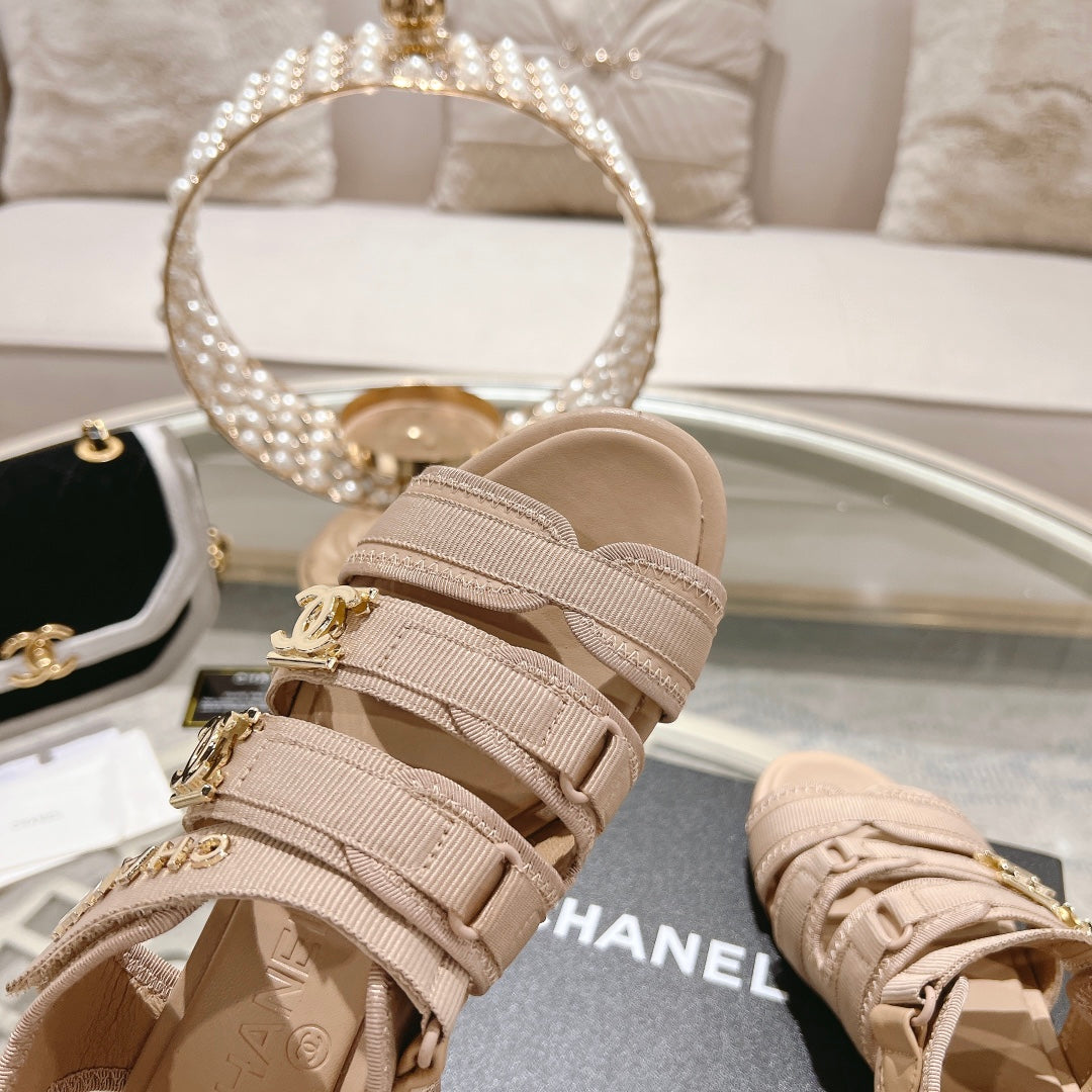 Double C  Xiaoxiang Chain Fabric Head Chunky Sandal Cream Lambskin