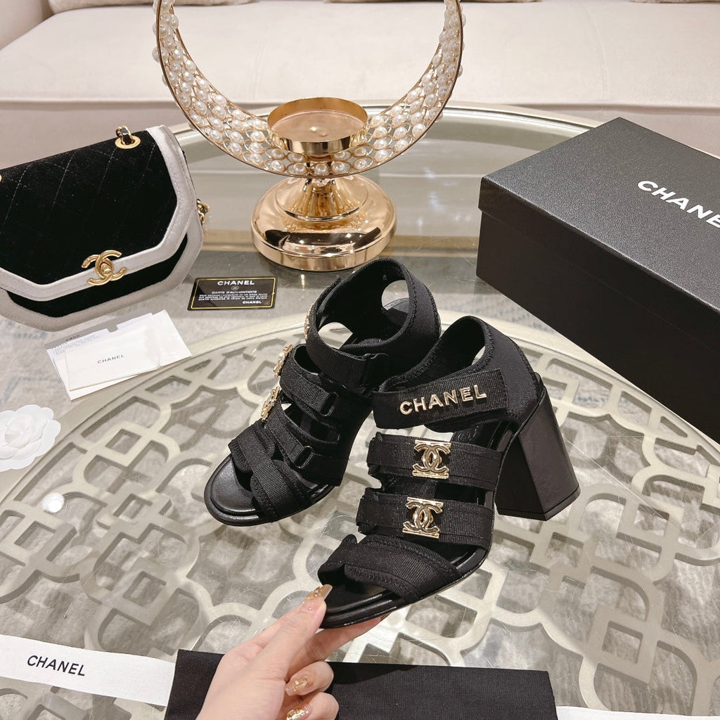 Double C  Xiaoxiang Chain Fabric Head Chunky Heel Sandals Black Lambskin
