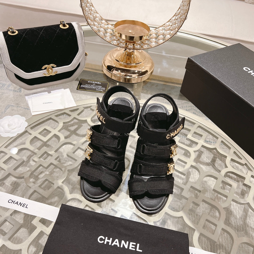 Double C  Xiaoxiang Chain Fabric Head Chunky Heel Sandals Black Lambskin