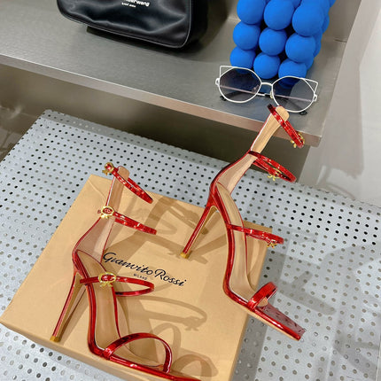 GIANVITO ROSSI 26S SQUARE-TOE HIGH-HEEL SANDALS 105 MM IN RED PATENT CALFSKIN