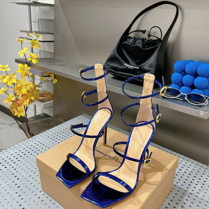 GIANVITO ROSSI 26S SQUARE-TOE HIGH-HEEL SANDALS 105 MM IN NAVY BLUE PATENT CALFSKIN