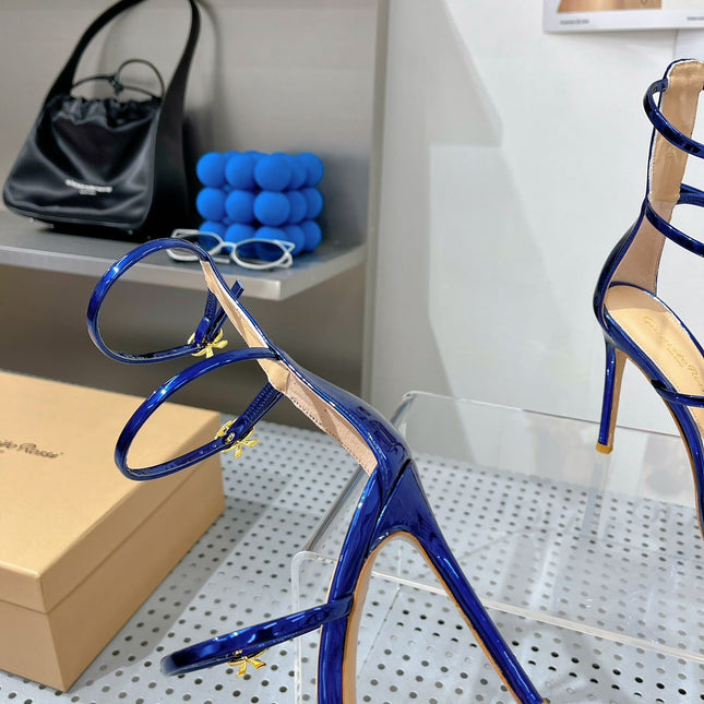 GIANVITO ROSSI 26S SQUARE-TOE HIGH-HEEL SANDALS 105 MM IN NAVY BLUE PATENT CALFSKIN