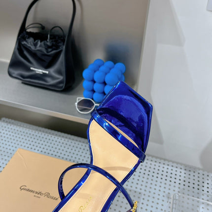 GIANVITO ROSSI 26S SQUARE-TOE HIGH-HEEL SANDALS 105 MM IN NAVY BLUE PATENT CALFSKIN