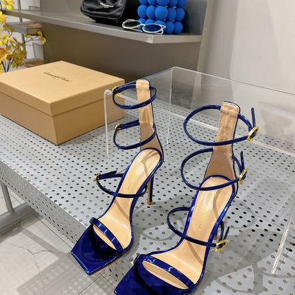 GIANVITO ROSSI 26S SQUARE-TOE HIGH-HEEL SANDALS 105 MM IN NAVY BLUE PATENT CALFSKIN