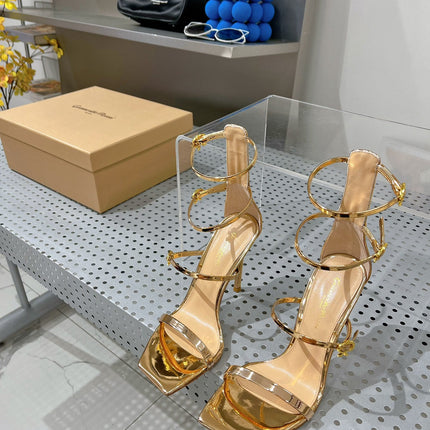 GIANVITO ROSSI 26S SQUARE-TOE HIGH-HEEL SANDALS 105 MM IN GOLD PATENT CALFSKIN