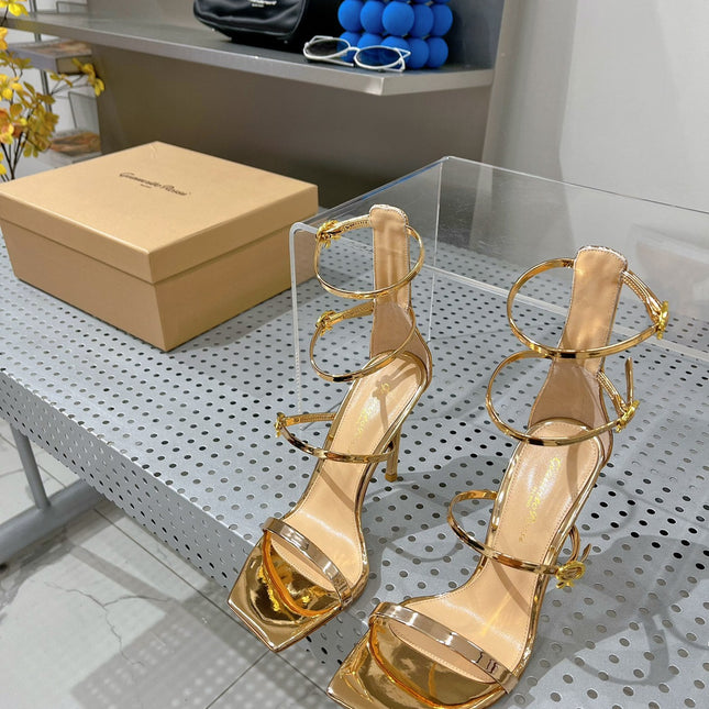 GIANVITO ROSSI 26S SQUARE-TOE HIGH-HEEL SANDALS 105 MM IN GOLD PATENT CALFSKIN