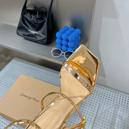 GIANVITO ROSSI 26S SQUARE-TOE HIGH-HEEL SANDALS 105 MM IN GOLD PATENT CALFSKIN