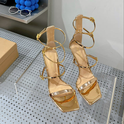 GIANVITO ROSSI 26S SQUARE-TOE HIGH-HEEL SANDALS 105 MM IN GOLD PATENT CALFSKIN