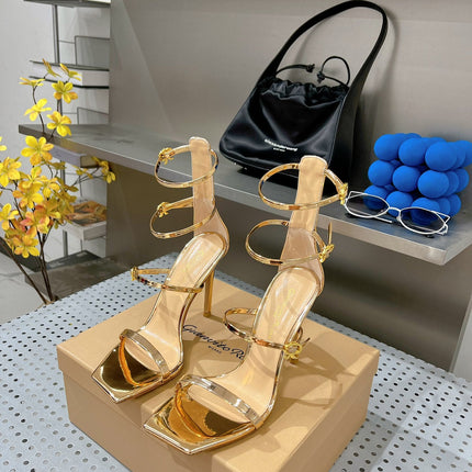 GIANVITO ROSSI 26S SQUARE-TOE HIGH-HEEL SANDALS 105 MM IN GOLD PATENT CALFSKIN