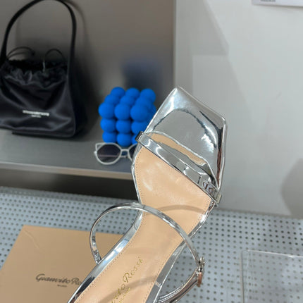 GIANVITO ROSSI 26S SQUARE-TOE HIGH-HEEL SANDALS 105 MM IN SILVER PATENT CALFSKIN