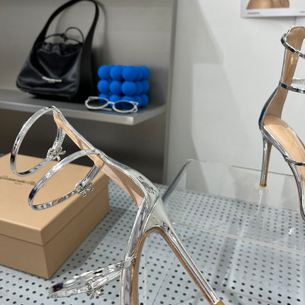 GIANVITO ROSSI 26S SQUARE-TOE HIGH-HEEL SANDALS 105 MM IN SILVER PATENT CALFSKIN