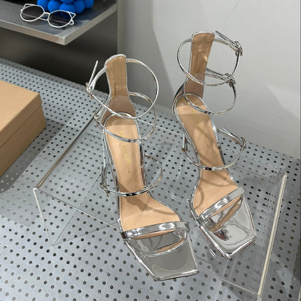 GIANVITO ROSSI 26S SQUARE-TOE HIGH-HEEL SANDALS 105 MM IN SILVER PATENT CALFSKIN