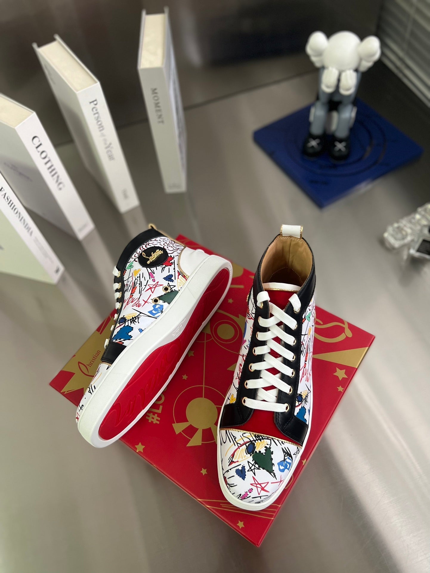 GRAFFITI HIGH-TOP FLAT SNEAKERS IN MULTICOLOR CALFSKIN
