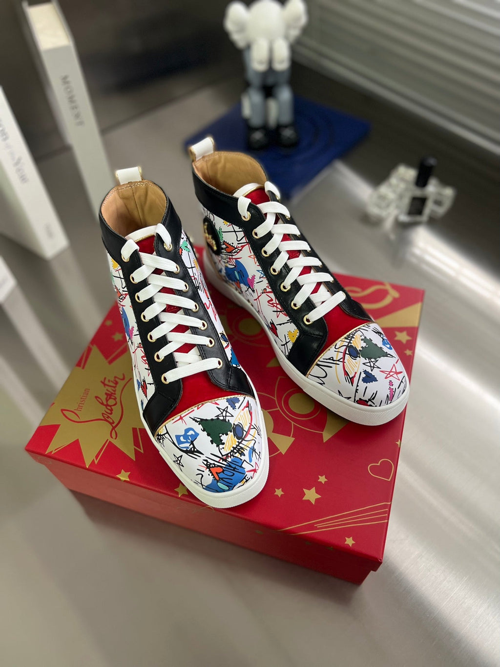 GRAFFITI HIGH-TOP FLAT SNEAKERS IN MULTICOLOR CALFSKIN