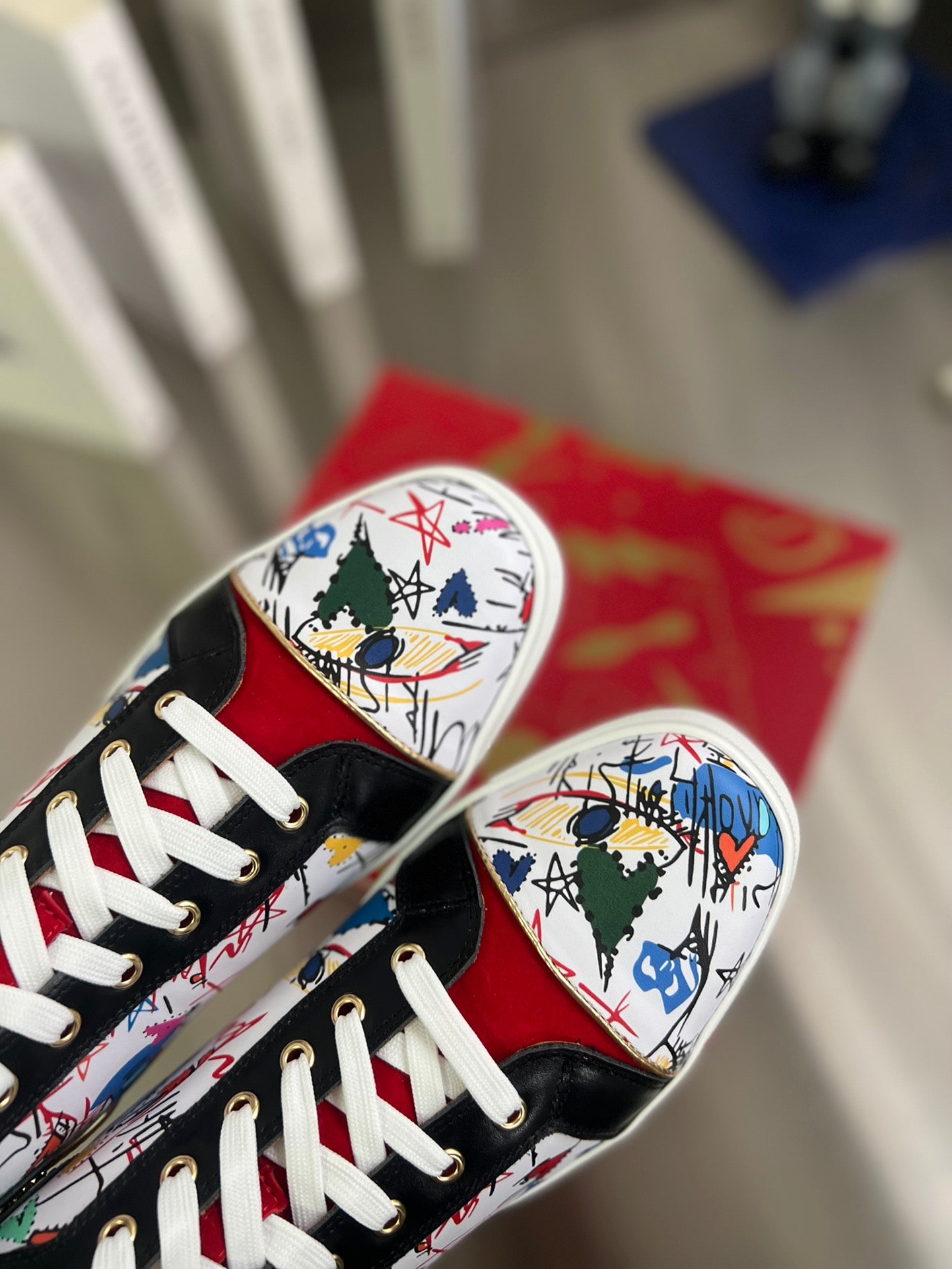 GRAFFITI HIGH-TOP FLAT SNEAKERS IN MULTICOLOR CALFSKIN