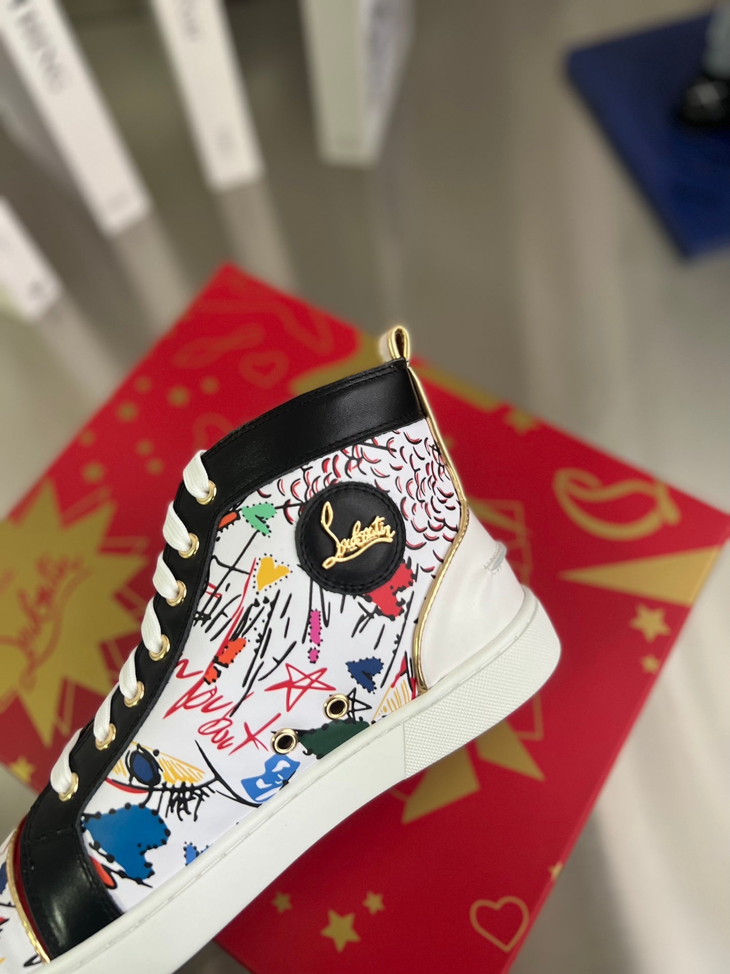 GRAFFITI HIGH-TOP FLAT SNEAKERS IN MULTICOLOR CALFSKIN