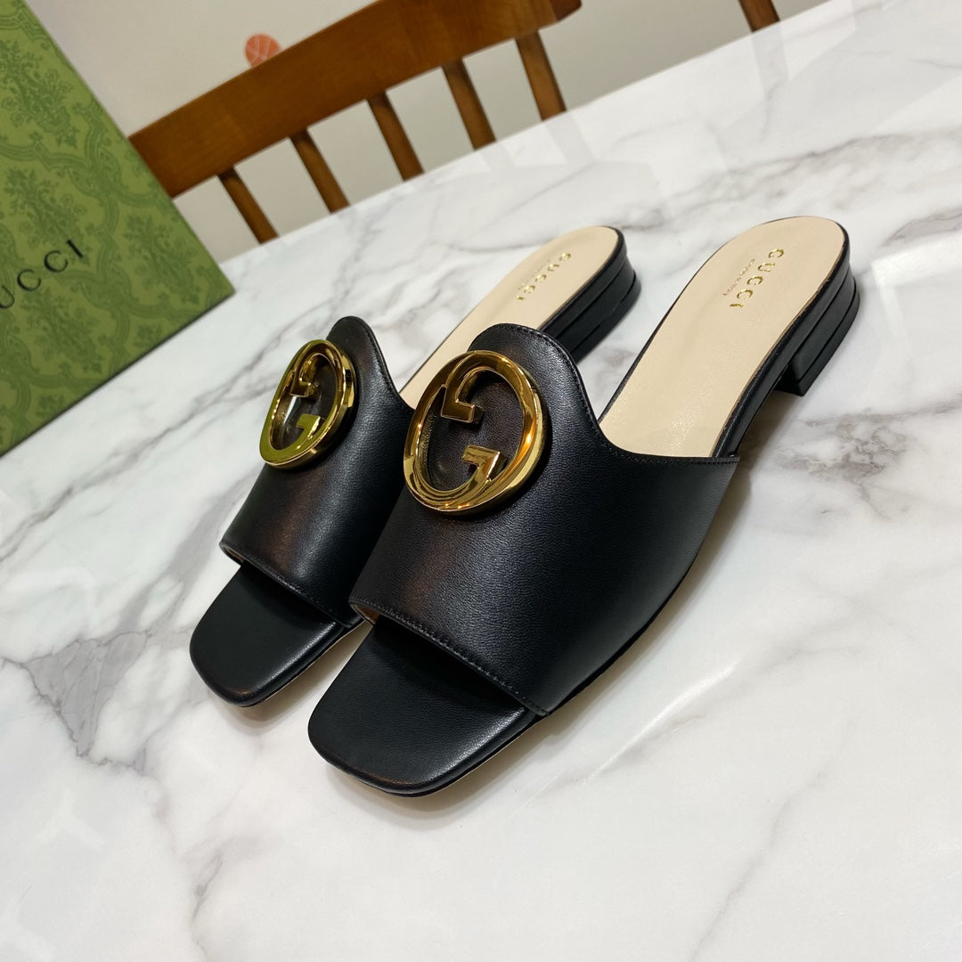 GUCCI 26S BLONDIE SLIPPERS IN BLACK CALFSKIN