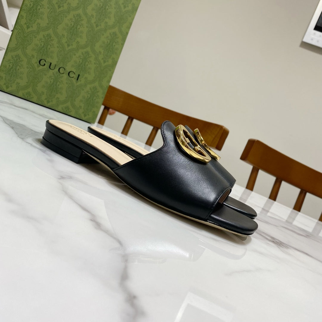 GUCCI 26S BLONDIE SLIPPERS IN BLACK CALFSKIN