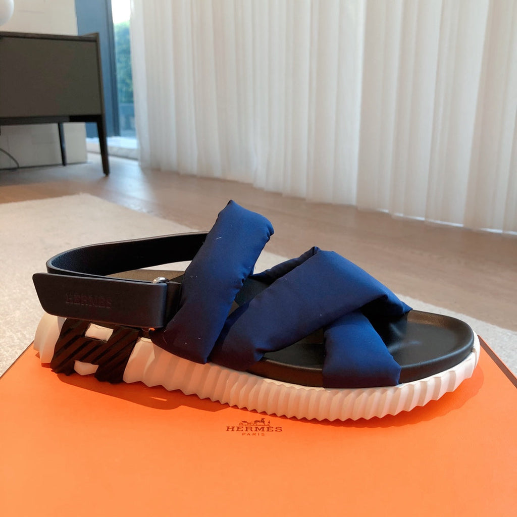 HM ELECTRIC SANDAL COBALT FABRIC AND CALFSKIN