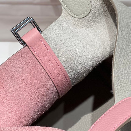 HERMES 25S PICOTIN LOCK 18 IN PINK AND LIGHT GRAY CALFSKIN SILVER HARDWARE