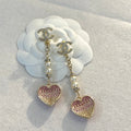 CHANEL 26S DOUBLE C LOGO PEARL & OMBRE PINK CRYSTAL HEART DROP EARRINGS IN GOLD METAL 633103