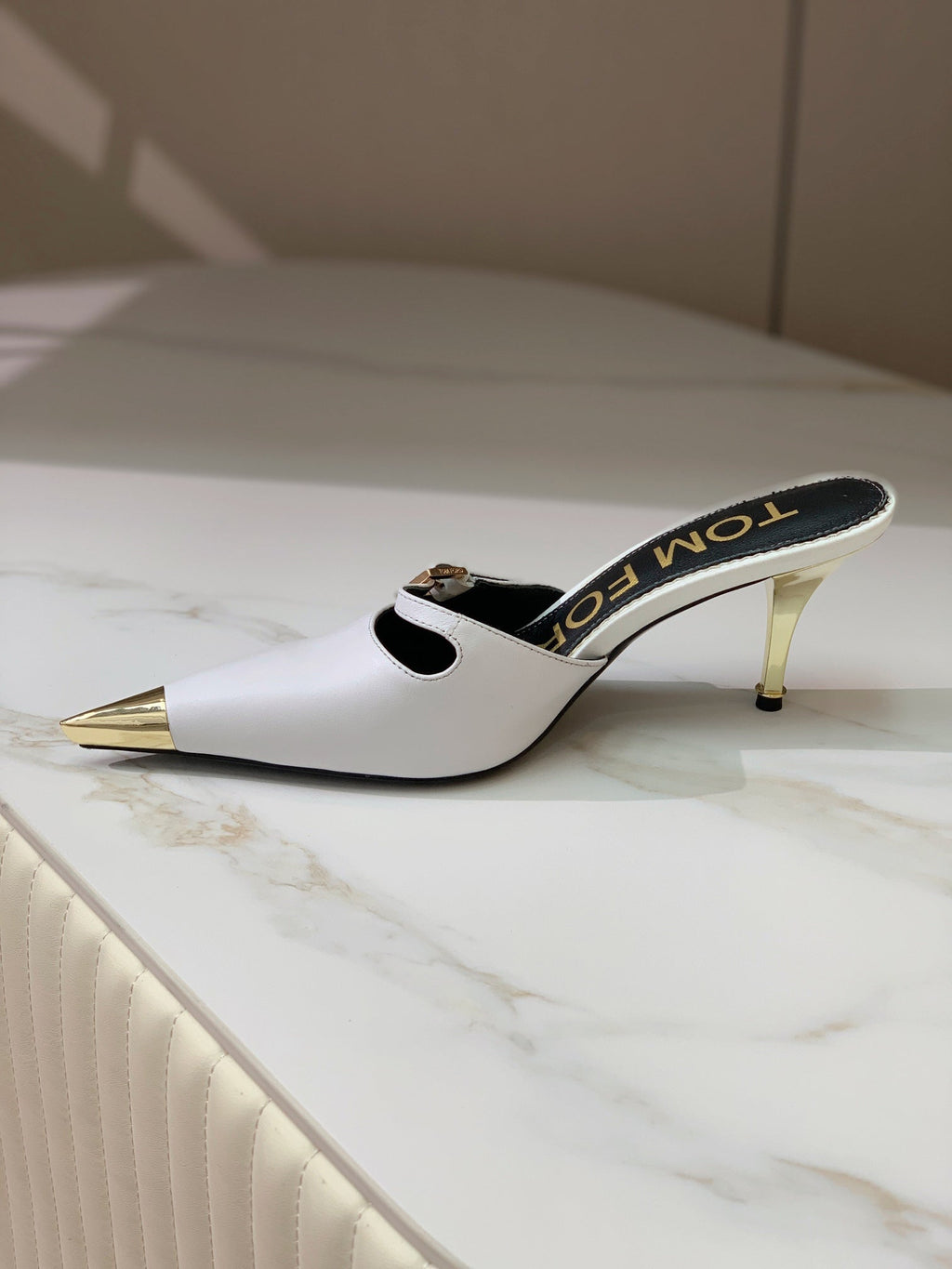 HIGH PUMP MULE 7 CM IN  WHITE CALFSKIN