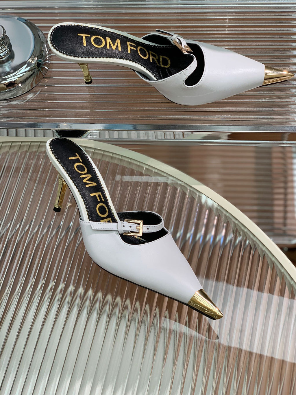 HIGH PUMP MULE 7 CM IN  WHITE CALFSKIN